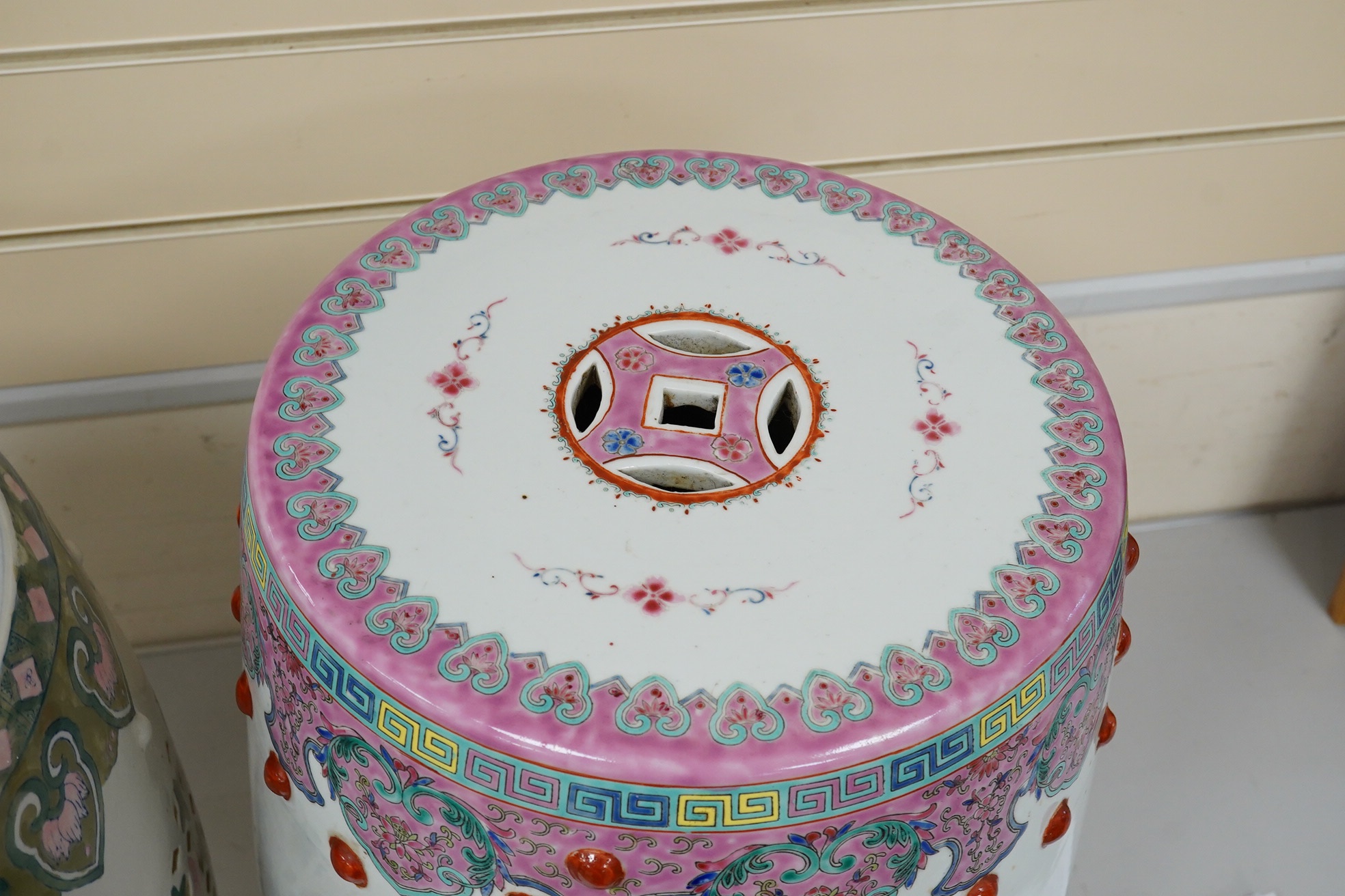 Two Chinese porcelain barrel shaped garden seats, tallest 49cm high. Condition - good